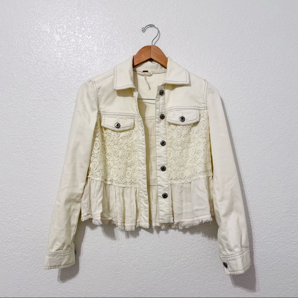 Free People White Cream Lace Jean Jacket Peplum Size 0 - Picture 2 of 8